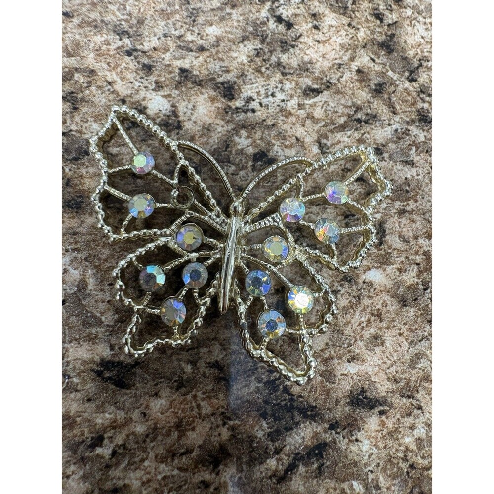 Vintage Gold Tone Butterfly Brooch Pin Aurora Borealis AB Rhinestones Openwork